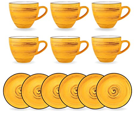 Wilmax Vasos de espresso en espiral con platillos, juego de 6 unidades, 75 ml, tazas de porcelana, tazas de espresso, tazas de té, tazas de café, servicio de café para 6 personas