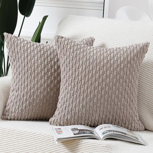 Madizz 2er Set Boho Gestreifte Kissenbezüge Weicher Kord Dekorativer Kissenbezug für Schlafzimmer Sofa Kissenhülle Taupe 60 x 60 cm