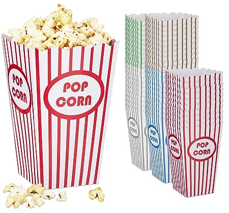 Relaxdays Cajas Palomitas, Set 50, a Rayas, Diseño Retro, Accesorios Noche Cine, Cartón, Recipiente Popcorn, Multicolor