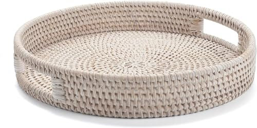 30cm Round Rattan Tray, Woven Serving Tray with Cut - Out Handles, Wicker Serving Basket by YANGQIHOME, Whitewash