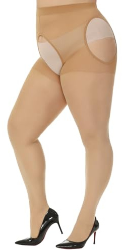 WiliW Suspender Pantyhose for Women Plus Size Garter Belt Sheer Tights Sexy Thigh High Stockings(Natural 3XL-4XL)