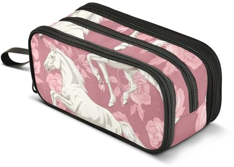 Trousse à crayons de grande capacité pour garçons et filles avec 3 compartiments pour étudiants, papeterie, marqueur pour l'école, le bureau, le travail, Cheval blanc fleur rose, Taille unique,