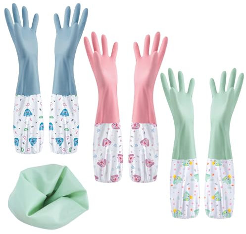 SHAIDOJIO 3 Paires Gants Menage, Gants Vaisselle en Caoutchouc-46cm, Longs Gant Nettoyage, Gant Menage Imperméables pour la Cuisine, la Salle de Bain, la Lessive, le Jardinage-3 Couleurs