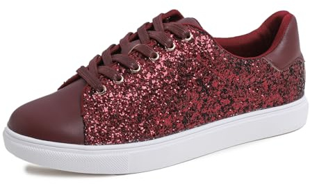 Feversole Women's Featured PU Leather Lace-Up Sneaker,Baskets à Lacets en Cuir PU pour Femme Lacets à Paillettes Bourgogne Taille 38