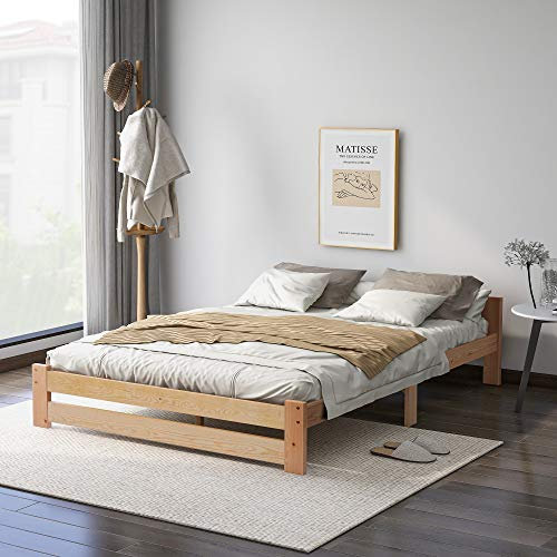 MURUL Letto in legno massiccio futon, in legno massello naturale, con rete a doghe e testiera, colore naturale (140 x 200 cm)