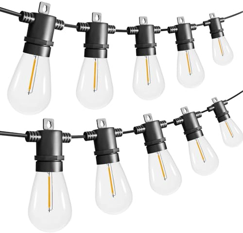 LangPlus+ Cadena de luces para exteriores de 15 m con 15 enchufes E12, 16 bombillas LED Edison S14 de 1 W, inastillables, blanco cálido de 2700 K, cadena de luces LED impermeables de grado comercial