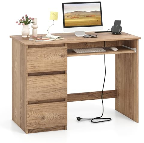 COSTWAY Computer Desk, 106 x 50cm Wooden Study Table Writing Workstation with 3 Large Drawers, Keyboard Tray, Type-C & USB Ports, Modern PC Laptop Table Gaming Working Desk for Home Office