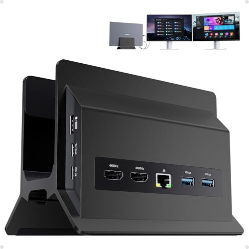 PULWTOP 11-in-1 USB C Docking Station Doppio Monitor, Supporto Verticale per Laptop con 2xHDMI 4K 60Hz, USB A/C 10 Gbps, USB A 5 Gbps, Ethernet, PD3.0 Docking Station per Laptop Type-C, Black