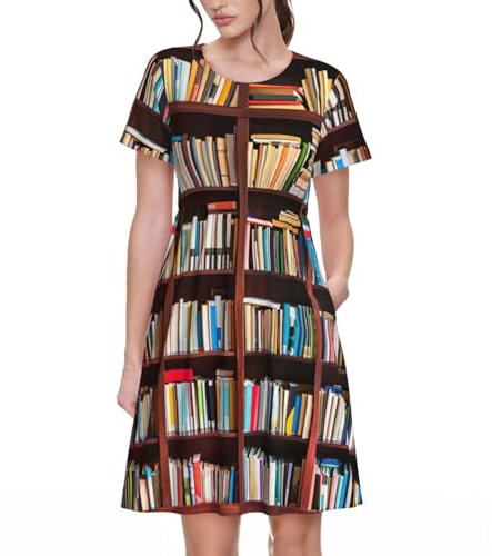 njkhbolk Vestido de verano con estampado de libros para mujer, casual, de manga corta, con bolsillos, transpirable y cómodo, Negro -, XL