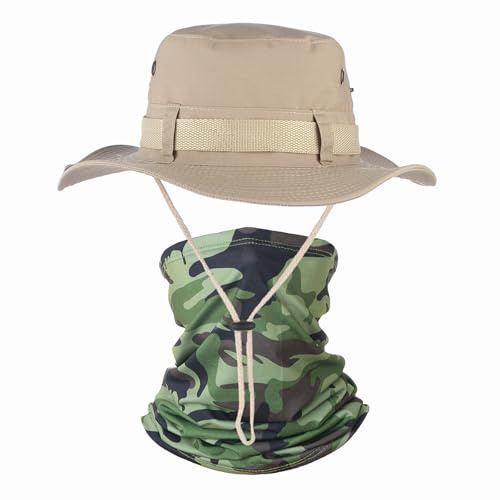 ATSNOSH Solhatt för män och kvinnor, med slanghalsduk, safari-hatt, fiskarhatt, taktiska boonihattar med hakrem, vikbar vandringshatt, UV-skydd, Beige, one size