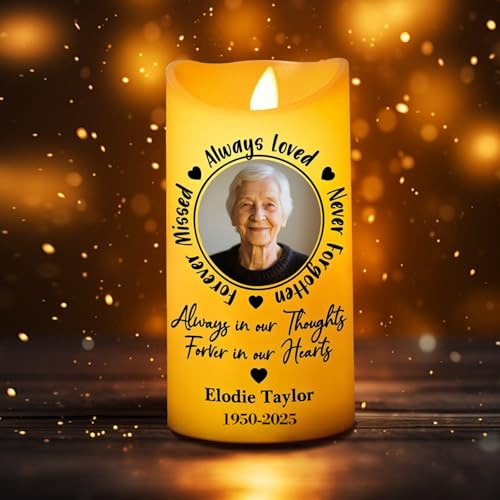Personalised LED Memorial Candle for the Loss of a Loved One, Customised Photo Condolence Candle with Flickering LED Flame, Bereavement Gift for Mom, Dad or Family