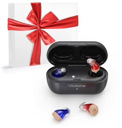 Vivtone Supermini Hearing Aids (Not Amplifiers), Rechargeable Digital Hearing Devices with 16-Channel Sound Processing for Superior Sound Quality, Over-The-Counter, Pair (Blue & Red with Black Case)