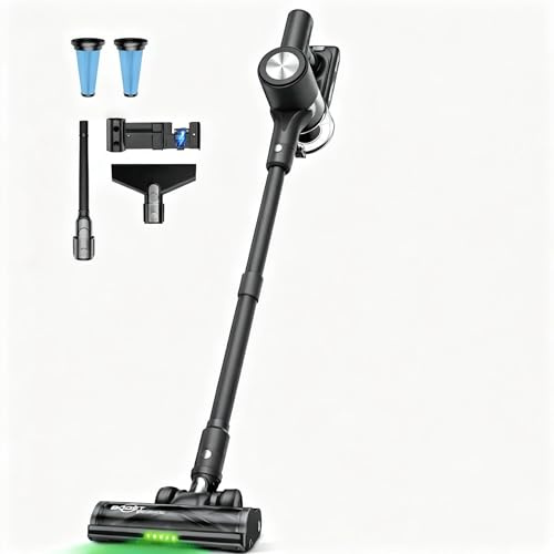 Akku Staubsauger 48KPa/500W/55Min Laufzeit, Staubsauger Kabellos mit Wandmontierter Ladestation, Selbststehend, LED Display, Anti-Tangle-Bürste, Für Tierhaare, Teppiche & Hartböden, Hell-Schwarz