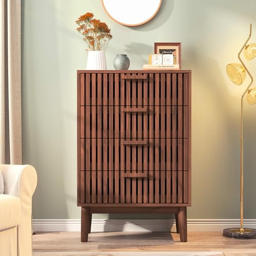 DIYHOM Cómoda con 4 cajones, aparador con patas de madera, armario de cocina para pasillo, dormitorio, salón, baño, 60 x 34 x 91 cm (color nogal)