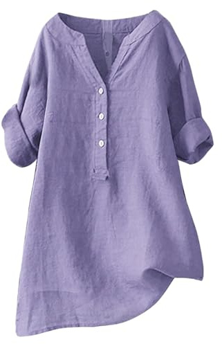 Tunika i linne för damer, modern oversize-blus i stora storlekar, långärmad sommarblus med V-ringning och elegant vintage-look, festlig topp, lila, XXL