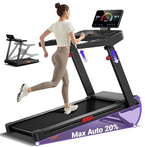 UMAY Tapis de Course avec Inclinaison Automatique de 20%, 14KM/H, 180KG | Tapis Roulant Pliable avec LED, 3.5CV Treadmill Home,180KG, Maison et Le Bureau