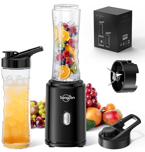 Sangcon Mini Blender Smoothie Maker, Personal Portable Electric Smoothie Mixer for Shakes & Smoothies, 2x600ML BPA-Free Tritan To-Go Bottles with Lids, 4-Blade System, Pulse Control, Black