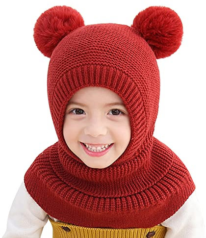 Herbests Warm Mütze und Schal Set für Jungen Mädchen 3-6 Jahre, Baby Beanie Stricken Wintermütze Warm Niedlich Schlupfmütze Kinder Bommelmütze Schalmütze Strickmütze mit Pompom,Rot, (HER00120397)