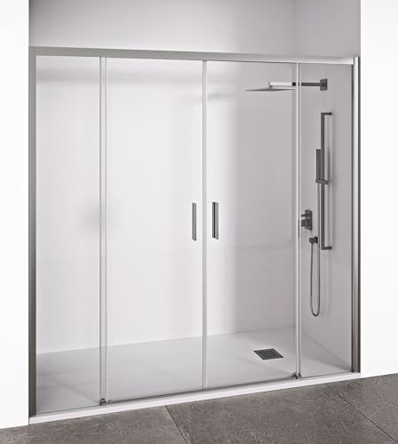 BELLOBATH - Paroi de Douche Frontale - 2 Portes Coulissantes + 2 Fixes sans Profilé Bas - Verre Trempé 6 mm Anticalcaire - EIRE - Profilés Argent brillant - Largeur 180-185 cm - Hauteur 195 cm