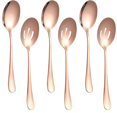 6 Pieces Serving Spoons Set, 8.7 Inch Serving Spoon, Includes 3 Serving Spoons and 3 Slotted Spoons, Stainless Steel Buffet Banquet Spoons, Large Spoons Utensils Cutlery Set for Kitchen, Rose Gold