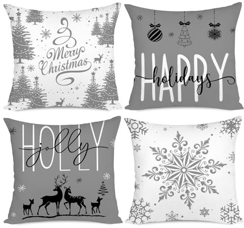 Miaikoe Grau Weihnachtskissenbezüge 40x40 Set von 4 Weihnachtsdekorationen Glückliche Feiertage Holly Jolly Schneeflocke Frohe Weihnachten Dekor Wurf Kissenbezug für Home Couch Sofa Deco