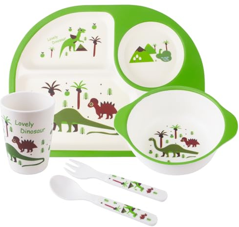Juego de 5 piezas de alimentación para niños, juego de vajilla para niños pequeños, incluye plato, taza, tenedor y cuchara, cubiertos para niños, apto para lavavajillas, sin BPA (dinosaurio)