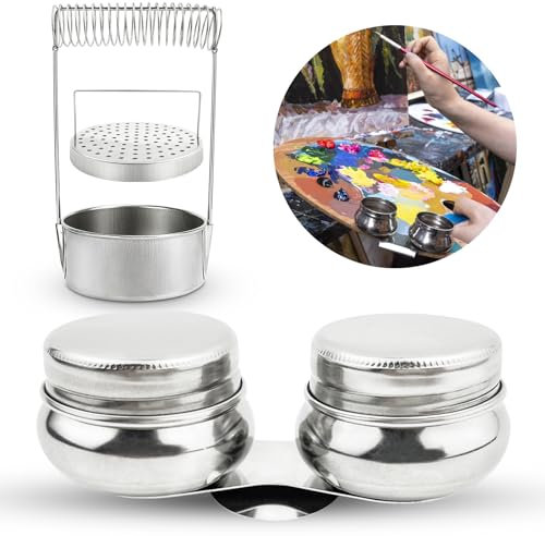 GZLCEU 1 st. palettkopp med lock, dubbel lösningsmedelsbehållare med 1 st. borste i rostfritt stål tvättmaskin för oljemålning, akvarell, lösningsmedel, vatten