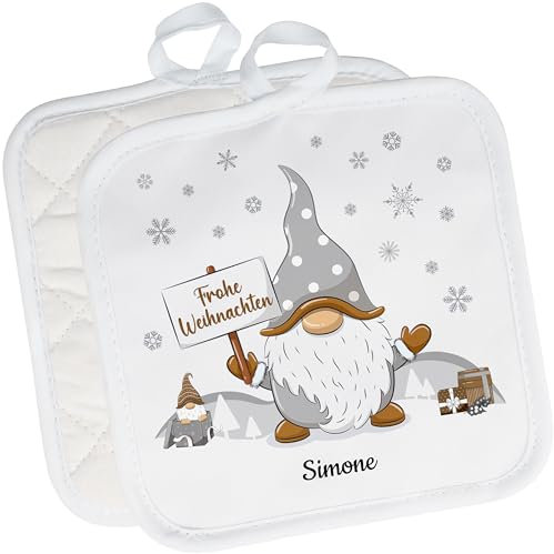 Geschenk zu Weihnachten: 2er Set Topflappen personalisiert „Frohe Weihnachten“ mit Gold-Wichtel-Motiv – lustige Topf-Untersetzer mit Namen Ofenhandschuh Kochen