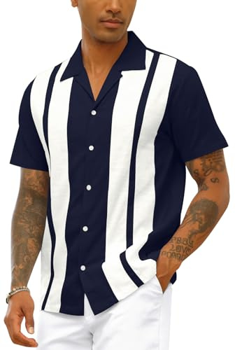 Herr vintage bowlingskjorta bomull linne strandskjortor kortärmad button down sommar toppar