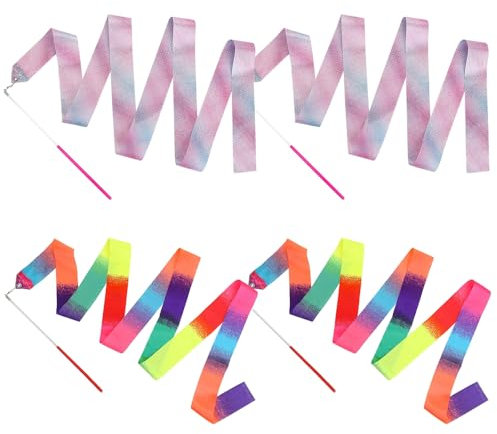 Puedno 4 Stück Tanzband, Gymnastikband mit Stab, Bänder für Gymnastik, Tanzen Streamer 2m, Streamer Rhythmische Tanzbänder Kinder für Künstlerische Tanztraining, 2 Farben