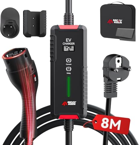 MCEVKELN Cargador Coche Electrico Tipo 2 3,6kW |Corriente Conmutable 6~16A |8 Metros |Monofásico Cable de Carga para Vehículos Eléctricos IEC 62196-2, EV Cargador Tipo 2 con Enchufe Schuko