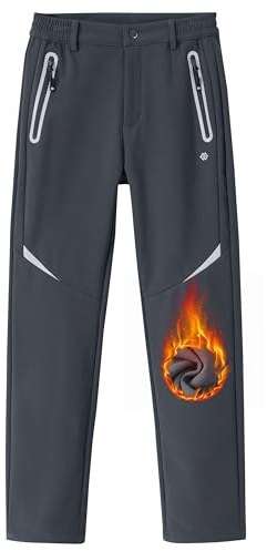 MoFiz Kids Boys Fleece Lined Hiking Pants Waterproof Snow Pants Girls Winter Hiking Pants Insulated Outdoor Dark Gray 8-9