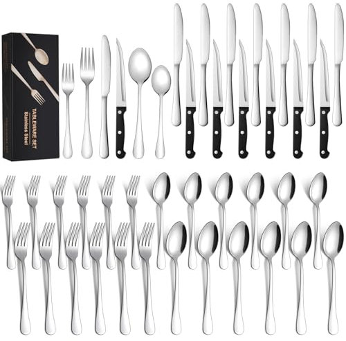 Set di posate per 6 persone, 36 pezzi, in acciaio inox con coltello da bistecca, lucidato, elegante set di posate con coltello, forchetta, cucchiaio, per famiglia, feste, ristorante, lavabile in
