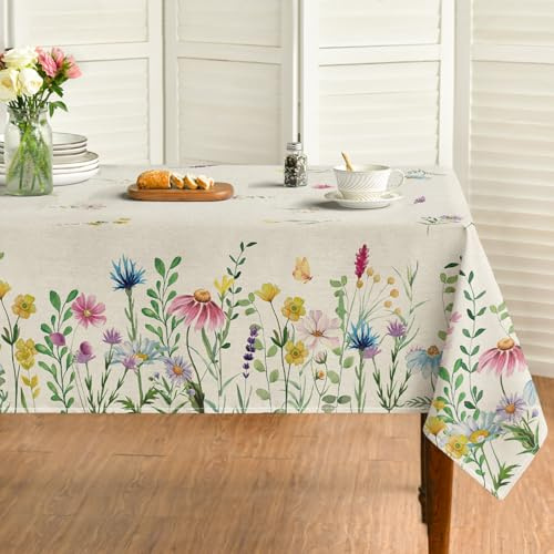 Horaldaily Spring Tablecloth 60×84 Inch Rectangular, Wild Flowers Washable Seasonal Table Cover for Party Picnic Dinner Decor