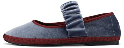 Tracieshoes Women's Velvet Mary Jane Flats Round Toe Ballet Shoes Wide Strap Design with Burgundy Trim Grey Size 8