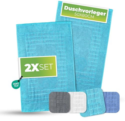 etérea Duschvorleger Frottee - 2er Set - 100% Baumwolle - Carli Kasten Badezimmerteppich - Badematte schnelltrocknend - Bathroom Mat Badvorleger Waschbar - 850 GSM Badteppich 50x80 cm - Türkis