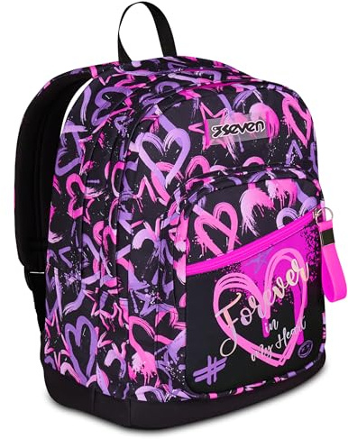 Seven Zaino New Fit, Doppio Scomparto, Tasca Porta Borraccia, Scuola e Tempo Libero, Lovely Elements, Bambine e Ragazze, rosa/viola