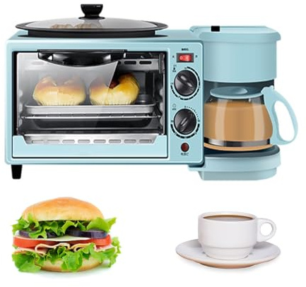 Stazione per la colazione 3 in 1, macchina per la colazione multifunzione con forno elettrico tostapane da 9 litri, macchina per il caffè da 600 ml, padella antiaderente, piastra per sandwich all'uo