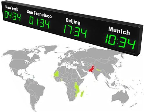 Reloj mundial digital LED – Zona horaria reloj de pared para hoteles y empresas multinacionales – Muestra la hora 3/4/5 ciudades