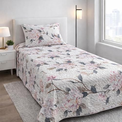 The one home Colcha Boutí Acolchada Reversible Cama 90 – Cubrecama Verano Ligero Transpirable, Colcha Primavera Entretiempo 100% Poliéster Extra Suave (Rosa Suave, Cama 90-180×270 cm + 1 Funda)