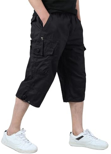 KEFITEVD Pantalones Cortos Capri 3/4 para Hombre Pantalones Cortos hasta la Rodilla Cargo Pantalones Cortos de Trabajo Holgados con 7 Bolsillos,Negro,34