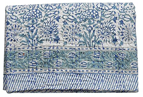 Yuvancrafts Indian Hand Block Print Kantha Quilt Queen Size Kantha Throw Kantha Bedspread Indian Blanket Cotton Bed Cover Handmade Quilt (Twin Size 90 X 60 Inch)