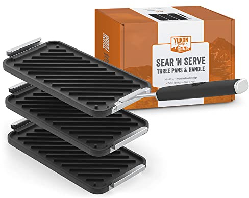 Yukon Glory™ SEAR 'N SERVE Ensemble de poêles à griller en fonte comprenant 3 paniers à griller en fonte et poignée à clipser – Poêles de cuisson en fonte pour plaques de cuisson ou barbecues