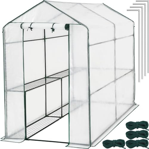 tectake® Greenhouse, Small Walk-in Garden House, Stable Steel Frame, UV-Stabilised PVC Greenhouse Cover, Roll-Up Door, 4 Metal Wire Shelves, Wind & Frost Protection Polytunnel Shelving