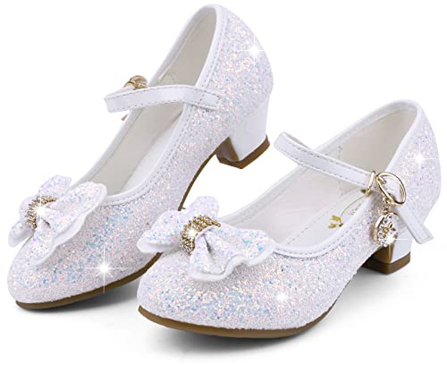 KUWIBY Girls Princess High Heel Sandals,Bowknot Sequin Dress Shoes | Glitter bling,comfy insole,multi colors available;great for wedding,birthday,party,cosplay & formal dress-up occasions