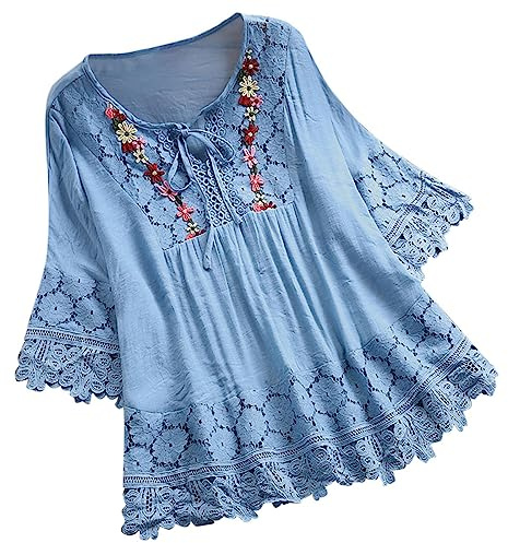 WINDEHAO Blusa de lino y algodón para mujer, tallas grandes, tallas S-5XL, elegantes camisas de encaje con flores bordadas, blusas con cordones huecos (azul, L)
