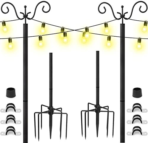 Supporto per pali per luci esterne, 2 bastoncini per appendere luci esterne – 2 piedi regolabili in metallo con ganci per patio, recinzione, giardino, bistrot e cortile, nero