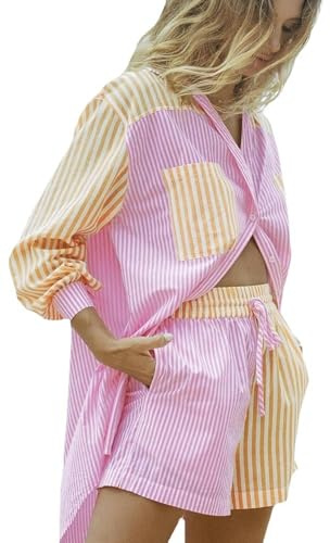 WSZJLN Camicia da Completo da Donna con Pantaloncini con Risvolto, Monopetto, Casual, a Righe, con Tasche Larghe, Rosa e Arancione-S