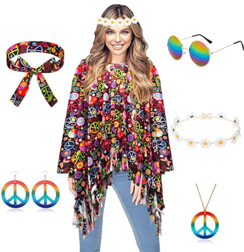 YODITI Hippie Poncho Damen Set mit 60er 70er Jahre Zubehör für Karneval Faschingskostüme - Boho Flower Power Mode Disco Outfit