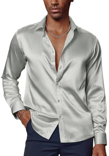 PaulJones Mens Dress Shirts Long Sleeve Silk Shirt Non Iron Sequin Shirts with Bow Tie